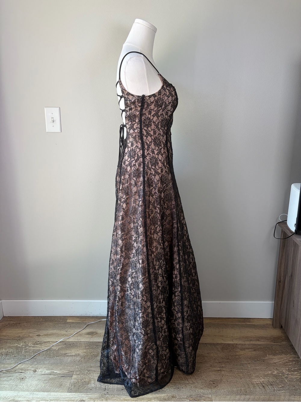 Vintage City Triangles Black Lace Overlay Nude Lace Up Gown Romantic 90s Prom - Picture 3 of 13